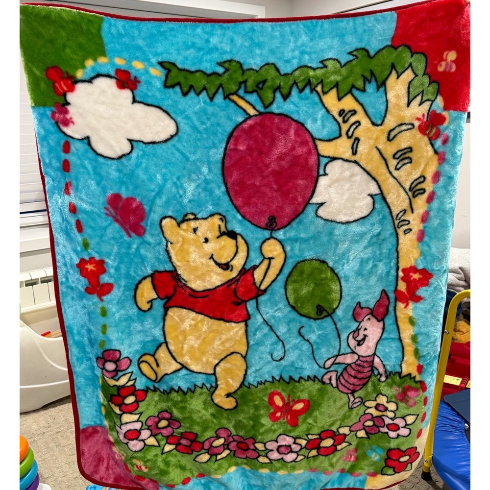Vintage Winnie the Pooh Piglet Fleece Blanket Nemcor Disney Blue Red 42x52 Throw